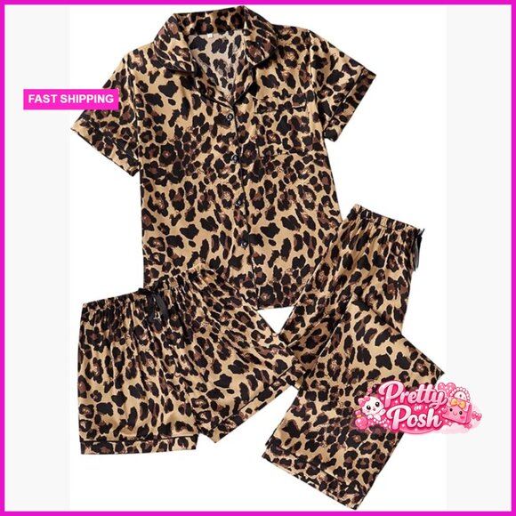 Other - 3 Piece Leopard Print Pajama Set Button Down Short Sleeve with Shorts and Pants